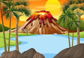 Nature scene with trees on mountains with sign board and dinosaur vector