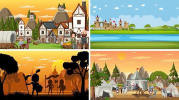 Set of different scene medieval with silhouette vector