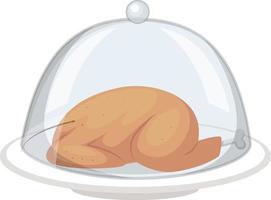 Roast chicken on round plate with glass cover on white background vector