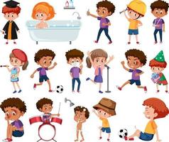 conjunto de niños haciendo diferentes actividades sobre fondo blanco vector