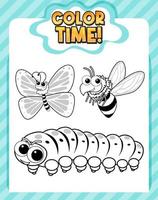 Worksheets template with color time text and insect outline vector