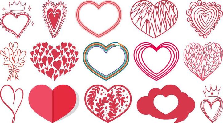 Different style of hearts isolated on white background