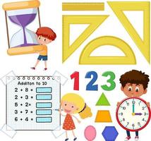 Math classroom objects with supplies and students vector