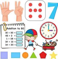 Math classroom objects with supplies and students vector