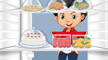 Boy looking at food in fridge vector