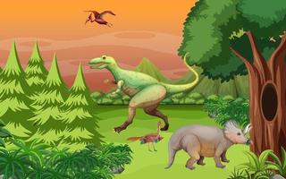 escena con muchos dinosaurios en el bosque vector