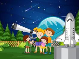 niños mirando el planeta con telescopio vector