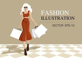 vector de ilustración de moda. las mujeres de moda visten de marrón y sostienen bolsas de compras.