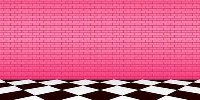 Vector file. Cute pink brick wall with chess pattern floor. Fashion and beauty scene.