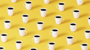 Mugs of coffee. White ceramic cups with hot drink over yellow background. Isometric camera position photo