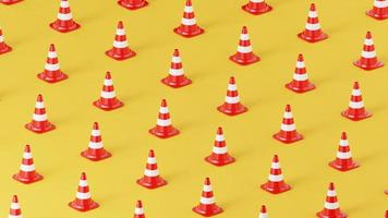 Traffic cones with white stripes over colorful background. Isometric camera position