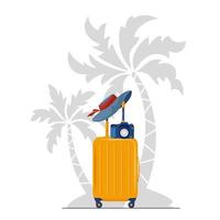 Women's Suitcase with Women Summer Hat and Camera under the Palm Trees Silhouette vector