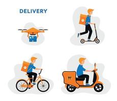 concepto de servicio de entrega en línea. Mensajeros en scooters, bicicletas y drones. vector