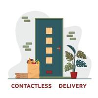 Contactless Delivery Concept. Pizza and Paper Bag with Fruits Vegetables Stand at the Door vector