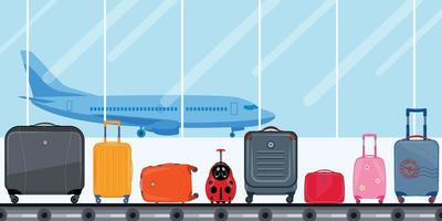 Airport Terminal. Conveyor Belt with Passenger Luggage and Airplane. Airport baggage belt, luggage for travel, suitcases. vector