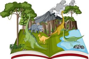 libro con escena de dinosaurios en el bosque vector