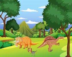 escena con dinosaurios en el bosque vector