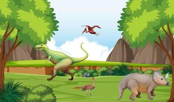 bosque prehistórico con dibujos animados de dinosaurios vector