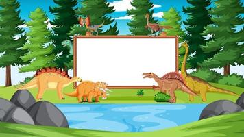 bosque prehistórico con tablero vacío y dinosaurio vector