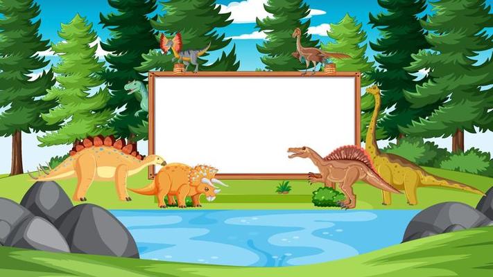 Prehistoric forest with empty board and dinosaur