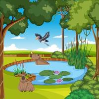 Wetland forest scene with capybara vector