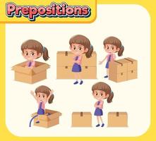 wordcard de preposición con niña y cajas vector