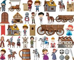 Medieval characters buildings set vector