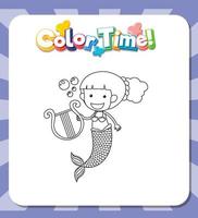 Worksheets template with color time text and Mermaid outline vector