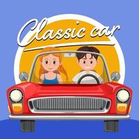 pareja en coche clásico en estilo de dibujos animados