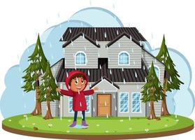 niño feliz jugando lloviendo frente a la casa de dibujos animados vector