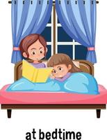 English prepositions of time with bedtime scene vector