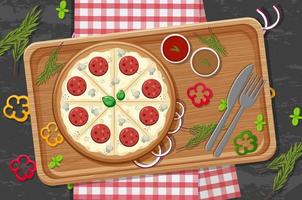 Top view of cheese pizza on a wooden tray vector