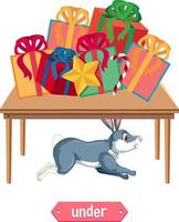 Preposition wordcard with rabbit under table vector