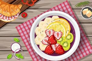 Top view Acai food bowl and placemat on wood table vector