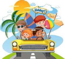 niños en coche clásico con tema de vacaciones vector