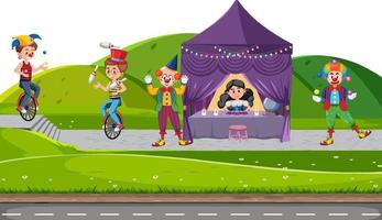 Outdoor scene with clown cartoon character vector