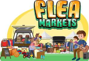 concepto de mercado de pulgas con personaje de dibujos animados de comerciante