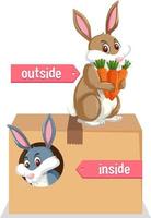 Prepostion wordcard design with bunnies and box vector
