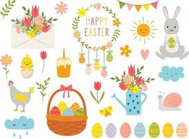 Set of cute Easter cartoon characters and design elements. Easter bunny, chickens, eggs, and flowers. Vector illustration.