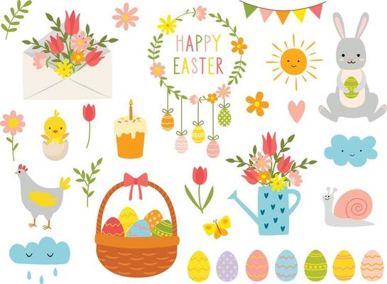 Set of cute Easter cartoon characters and design elements. Easter bunny, chickens, eggs, and flowers. Vector illustration.