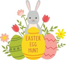 Vector cute poster for Easter Egg Hunt with a cute rabbit with colored eggs