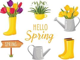 Set of cute spring cartoon design elements. Watering can, rubber boots, tulips, and snowdrops. Vector illustration.