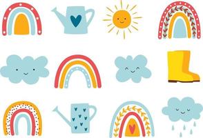 Set of weather cartoon design elements. Watering can, rubber boots, rainbows, sun, and clouds. Vector illustration.