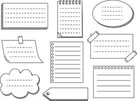 hojas de papel de notas, notas adhesivas, recordatorios, cinta adhesiva y alfileres. elementos del diario de viñetas. ilustración vectorial en fondo blanco. vector