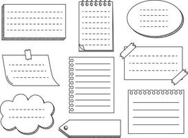 Memo paper sheets, sticky note, reminder, sticky tape and pins. Bullet journal elements. Vector illustration in white background.