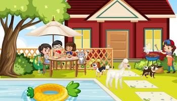 Scene of backyard with kids and fence vector