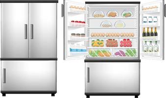 Refrigerator closed and opened door with lots of food vector