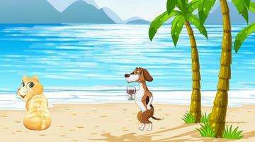 Set of different domestic animals on the beach scene vector