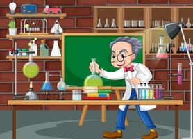 escena de laboratorio con personaje de dibujos animados científico vector