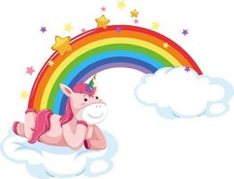 lindo unicornio acostado en la nube con arco iris en estilo de dibujos animados vector